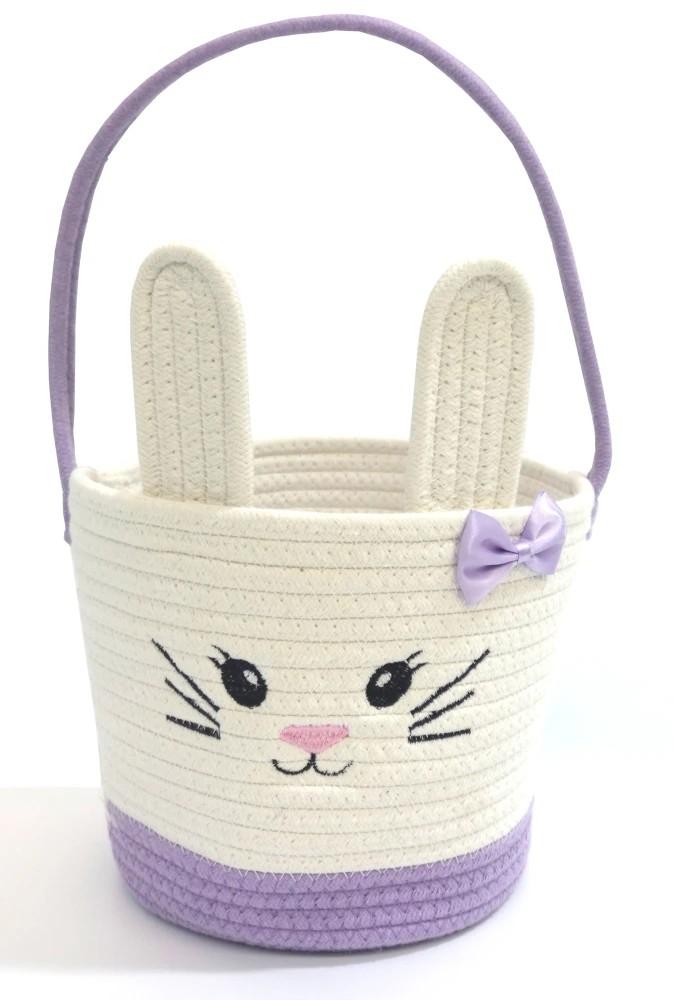 Easter Bunny Basket with Rabbit Ears Woven Cotton Rope Storage Bag for Easter Egg Hunt Large Foldable Home Organizer Indoor Outdoor Holiday Picnic Party Spring Decorations(Purple)