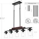 Dining Room Light Fixture/Chandelier Over Table,5-Light Kitchen Island Lighting Hanging for Farmhouse Linear Chandeliers Matte Black Rustic Wood Ceiling Pendant Light Fixtures with Clear Glass Shade
