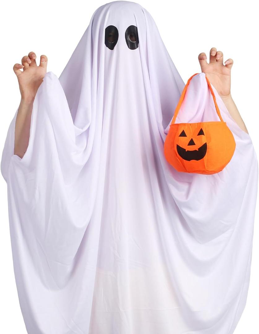 Ghost Costume for Kids, Toddler Ghost Costume with Pumpkin Bag, Halloween Spooky Costumes for Boys Girls Cosplay Dress Up (7-10 years)
