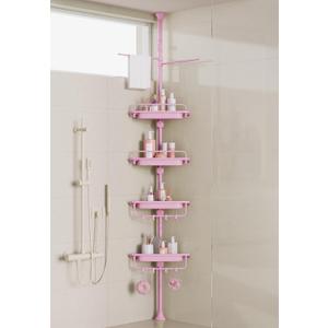 XLHOMO 32-122inch Corner Shower Caddy Tension Pole Pink, Rustproof Drill-Free Shower Shelves for Bathroom Bathtub Washbasin, Adjustable Shower Organizer with 4 Tier Patent Stable Shelves & Towel Bars