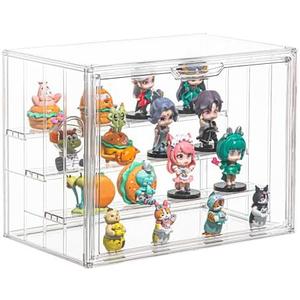 Clear Acrylic Display Case for Figures 4 Layer Figure Display Shelf with 3 Movable Plate Stackable Display Box with Magnetic Door for Collectibles 1 Pack