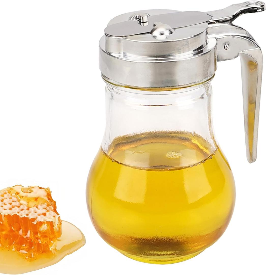 Glass Honey Dispenser No Drip, 6.7 Oz (200ml) Maple Syrup Container with Chrome Plated Stand, Thumb Trigger Pourer Jar for Pancakes Waffles Cooking Oil, Kitchen Breakfast Accessories