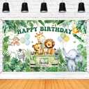 Mocsicka Safari Happy Birthday Banner - Jungle Animal Birthday Party Decorations Banner, Animal Themed for Kids Boys Birthday Party Background Photography Supplies (Greenery, 70.8 x 43.3 Inch)