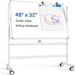 MaxGear Premium Large Rolling Whiteboard on Wheels, 48" x 32" Double-Sided Magnetic Dry Erase Board with Stand, Reversible Mobile Whiteboard with Aluminium Frame and Stand for Office, School