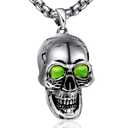 Skull Necklace for Men,Skeleton NecklacePunk Biker Pendant Necklace, Retro Gothic Jewelry Ully Closed Ghostly Fluorescent Green Eyed Skull,Viking Norse Runes Halloween Gifts for Man Boys