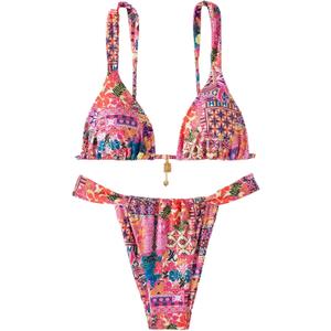 Women's 2 Piece Floral Tropical Print Bikini Set Boho Triangle Bathing Suit Tie Backless Swimsuit Sets (Deep Pink, XS)