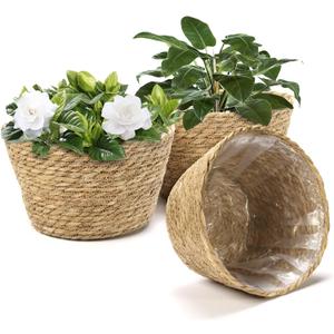 Athaliah Plant Basket Set of 3, Indoor Woven Planter Baskets with Plastic Liner, Water Hyacinth and Corn Husk Decorative Pots for Rustic Home & Floor Plant Decor (Natural Color-3)