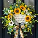 Spring Wreaths for Front Door 24 Inch Handmade Spring Summer Wreath with Artificial Sunflowers,Welcome Message Sign & Elegant Bow and White Yellow Daisy Wildflowers for Home,Porch&Gift Giving