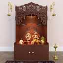 Lotus Pattern MDF Wood Temple with Spacious Shelf inbuilt Focus Light White (Large)