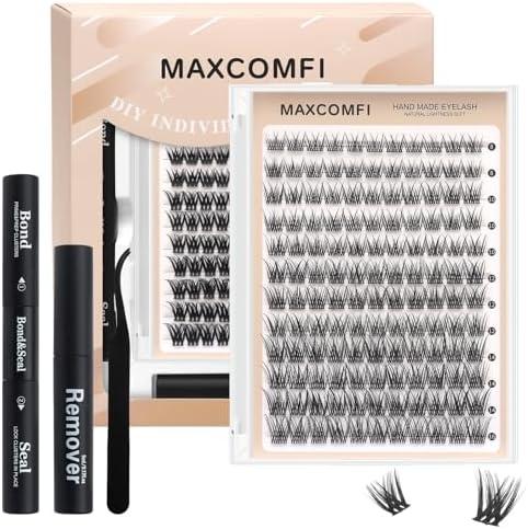 Maxcomfi Lash Clusters Kit, 8-16mm,144 Clusters of Natural & Curly DIY False Eyelash Extensions with Professional Eyelash Glue, Setting Solution, Tweezers (MC03)