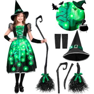 Spooktacular Creations Light-up Witch Costume for Girls, Toddlers Print Witch Outfit Set for Kids Halloween Dress Up Parties (Small (5-7 yrs), Green)