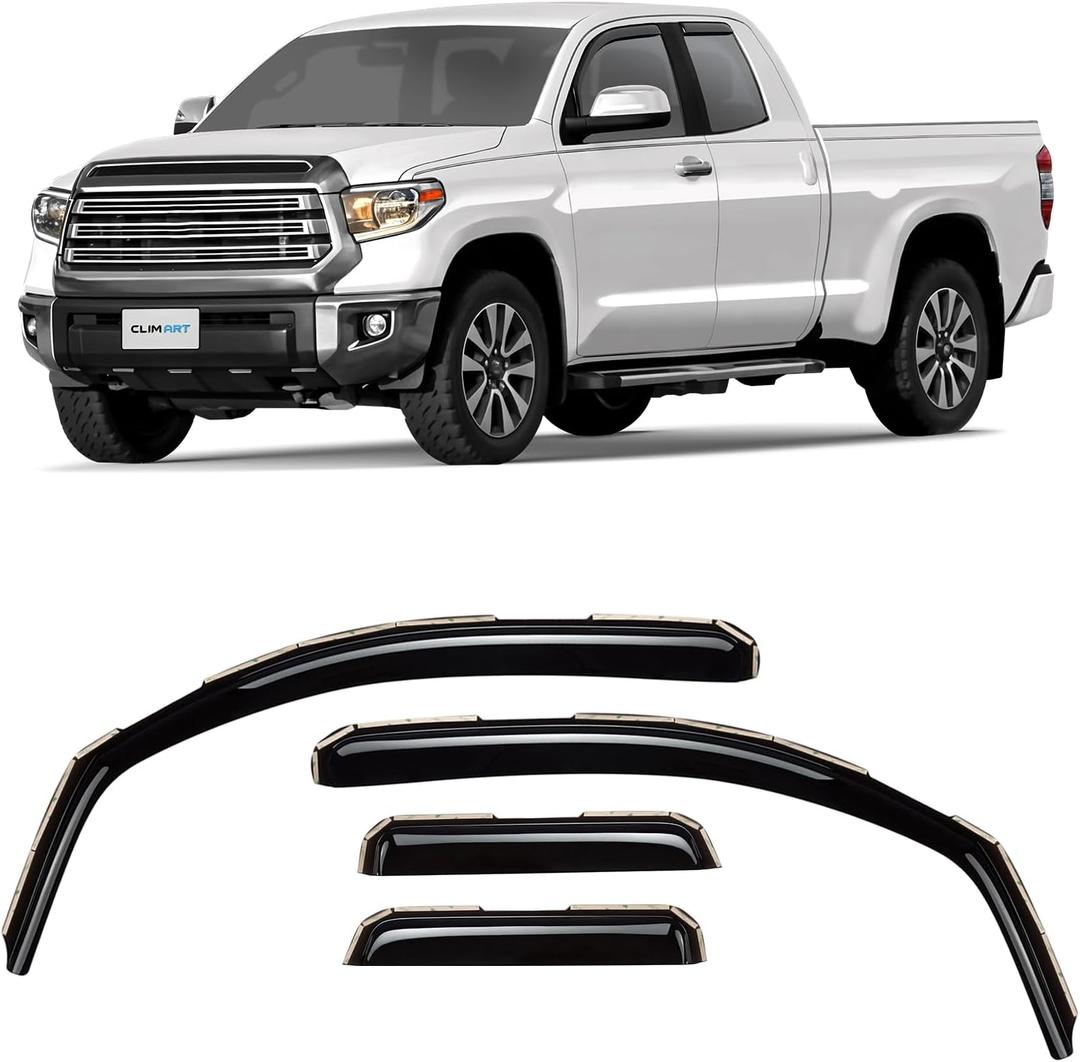 CLIM ART in-Channel Incredibly Durable Rain Guards for Toyota Tundra 2007-2021 Double Cab, Original Window Deflectors, Vent Window Visors, Vent Deflector, Dark Smoke Truck Accessories, 4 pcs- 607065