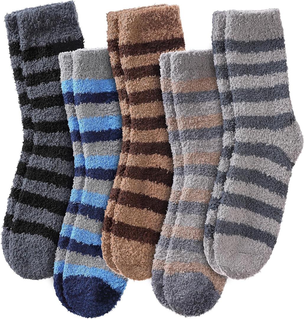 LINEMIN Mens Fuzzy Socks Cozy Fluffy Winter Warm Slipper Socks Microfiber Soft Home Sleeping Socks 5/6 Pairs (One Size, Blue/Brown/Black/Grey Stripe)