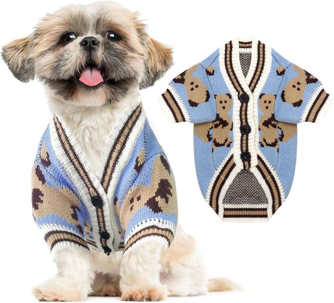 ABRRLO Small Dog Sweaters Cute Bear Dog Cardigans Clothes for Small  Dogs Boy Girl Puppy Cat Knitting Cardigan Outfits Dogs Winter Coats Warm Pet Doggy Clothes Soft Knitwear Apparel (Blue,S)