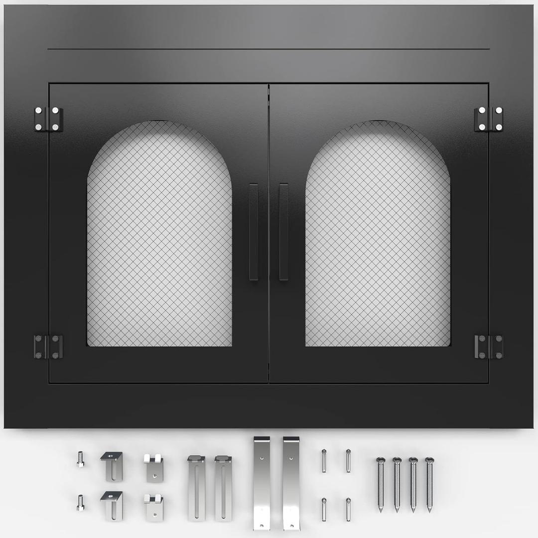 TOCRETOARE Fireplace Door, Fire Places Doors with Screen and Glass Decor Iron Mesh Guard Fits Masonry Fireplaces Size 30.5in to 37in W x 23.5in to 29.5in H