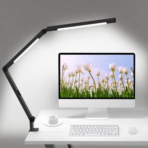 LED Desk Lamp with Clamp, Architect Desk Lamp with Dual Light and Adjustable Swing Arm, Clip-on Eye-Care 4 CCT Modes & 5 Brightness Levels Table Light Modern Computer Lighting for Home Office (Black+Touch)