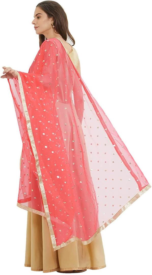 themilestocks TMS Woman's Embellished Net Dupatta Scarf Shawl Wrap Soft Indian Bridal Wedding (87 Inches X 44 Inches || 220 cm X 112cm, Coral)