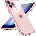 LeYi for iPhone 13 Pro Max Case: with Tempered Glass Screen Protector [2 Pcs]+ Full Camera Lens Protection, Love Heart Plating Girly Women Luxury Soft TPU Shockproof Case for 13 Pro Max, Pink