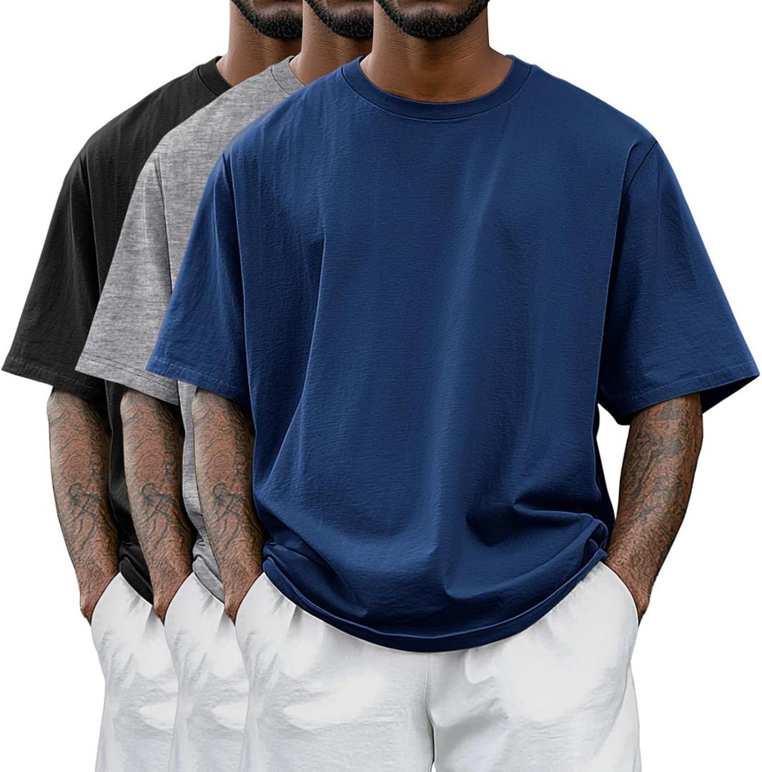 Riyiper 3 Pack Men's Big and Tall Shirts Half Sleeve Cotton Tee Crew Neck Elbow Length Top Casual Loose Fit T Shirts (Medium, Black, Blue, Light Gray)