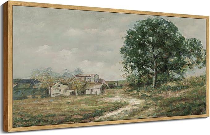 SHENIFY 20x40in Extra Large Vintage Framed Wall Art Rustic Country Road Landscape Painting Retro Countryside Scenery Farmhouse Bedroom Above of Bed Living Room Decor - Natural Framed
