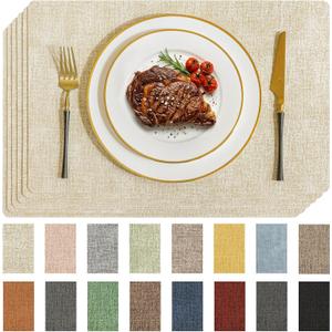 Romanstile Vinyl Placemats Set of 6-12 X 17 Inch - Faux Leather 100% Waterproof Oil-Proof Wipeable Place Mats, Heat Resistant Reversible PU Table Mats for Kitchen Dining Party Outdoor, Beige