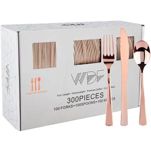 WDF 300 Pieces Rose Gold Plastic Silverware- Disposable Flatware Set - Heavy Duty Plastic Cutlery Includes 100 Forks, 100 Spoons, 100 Knives Perfect for Wedding, Party