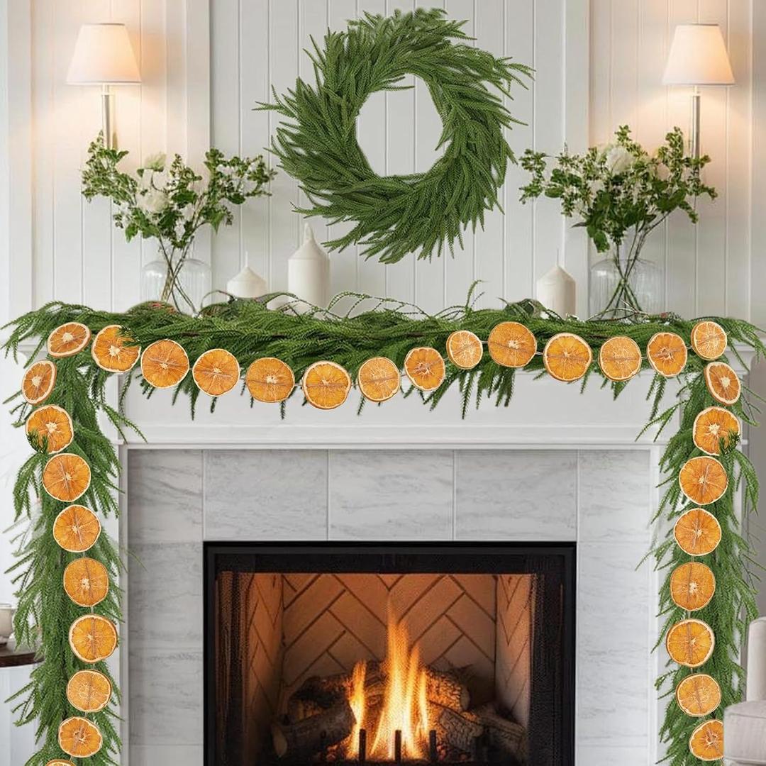 9 Ft Artificial Norfolk Pine Garlands with 9Ft Orange Slice Christmas Garland Realistic Pine Garlands Green Artificial Greenery Garland for Table, Mantle, Wall, Indoor, Outdoor Christmas Decorations