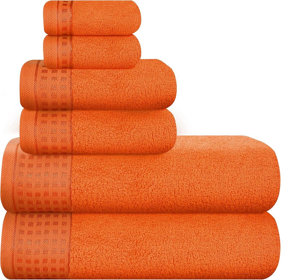 GLAMBURG 100% Cotton Ultra Soft 6 Pack Towel Set, Contains 2 Bath Towels 28x55 Inches, 2 Hand Towels 16x24 Inches & 2 Wash Coths 12x12 Inches, Compact Absorbent Lightweight & Quickdry - Orange