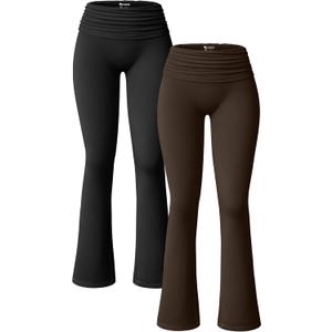 OQQ Women's 2 Piece Flared Pants Ribbed Fold Over Kick Ruched Stretch High Waist Casual Wide Leg (Large, Black, Dark Brown)