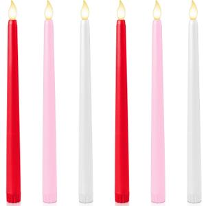 Baquler 6 Pcs 11'' Valentines Day Flameless Taper Candle LED Pink Red White Battery Operated Candlestick Plastic Flickering Gift for Romantic Night Anniversary Proposal Wedding Table Centerpiece Decor