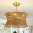 Boho Fandelier Ceiling Fan with Light and Remote Rattan Chandelier Fan Gold Caged Ceiling Fan with Light for Bedroom, Living Room Nursery Foyer Kitchen（6 Speed, Timing Adjustable Height）