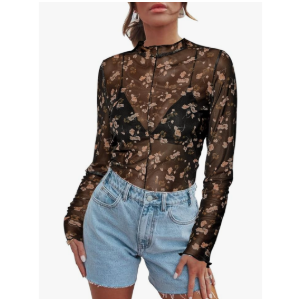Women's Sheer Floral Long Sleeve Layering Top Ruffled Mock Neck Sheer Blouse for Casual Brunch Party Club Night Date Outfits, L