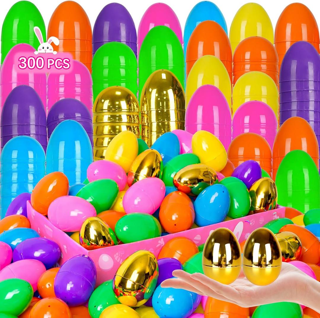 300 PCS 2.4" Fillable Plastic Easter Eggs with 6 Golden Eggs, Empty Colorful Eggs for Kids Easter Hunt Classroom Rewards Basket Stuffers Easter Party Favors