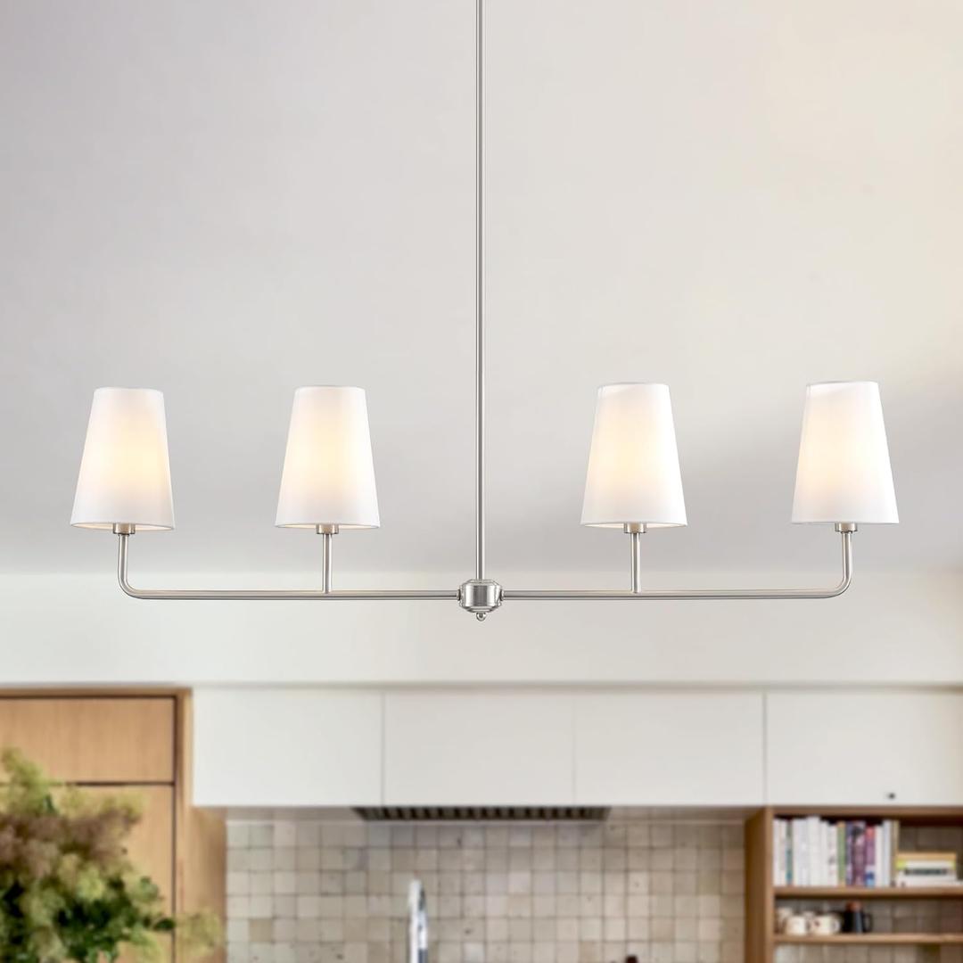 Brushed Nickel Chandelier for Kitchen Island 4-Light Linear Chandeliers for Dining Room Modern Farmhouse Classic Light Fixture with White Linen Shades Over Dining Table