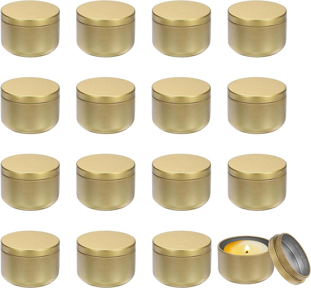 MECCANIXITY 3oz Candle Tins, 16pcs Metal Candle Tins Jars with Lids Round Empty Tin Can Containers Bulk for Storage Tea and Making DIY Arts Crafts Christmas Gifts, Gold Tone