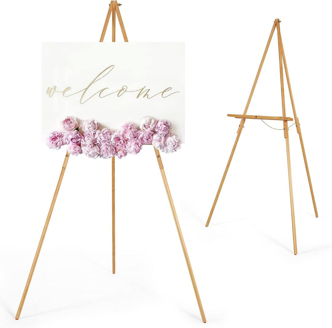 VISWIN 63" Easel Stand for Wedding Signs, Adjustable Wooden Display Easel with Holder, Tripod Floor Easel for Welcome Board, Poster, Picture, Photos, Paintings - Natural, 1 PCS