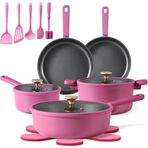 CAROTE Non Stick Pots and Pans Set, Cookware Sets Nonstick, Kitchen Cooking Set with Stay-Cool Handles,with Silicone Tools and Pot Protectors,17 Piece