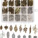 Beadthoven 1Box/150pcs 15 Styles Tibetan Style Mixed Color Alloy Tree Leaf Charms Branch Leaves Pendants Beads for DIY Jewelry Necklace Bracelet Making