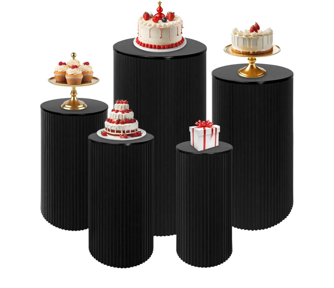 Fivenl 5 Pcs Metal Pleated Cylinder Pedestal Stands for Party, Heavy Duty Black Round Cake Pedestal Stand Flower Plant Display Plinth Pillars for Wedding Birthday Event Decor (Black)