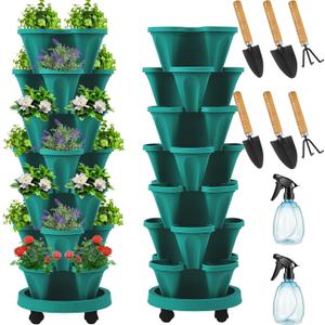 Umigy 2 Set of 7 Tier Vertical Planter Stackable Planters Tower Planters Strawberry Herb Flower and Vegetable Planter Indoor Outdoor Gardening Pots with Removable Wheels and Tools (Green,Classic)