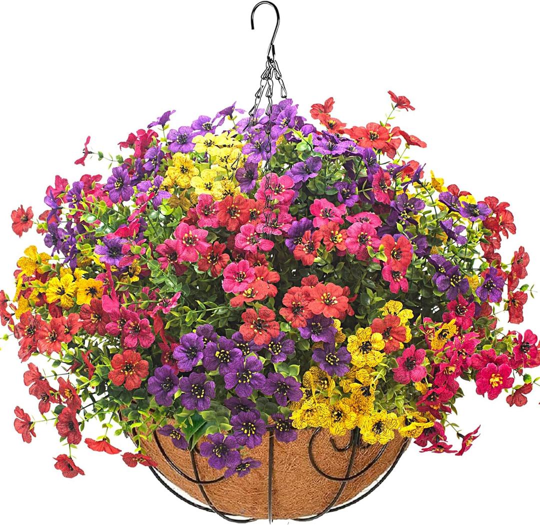 Grunyia Artificial Hanging Flowers Basket with Colorful Silk Daisies & Eucalyptus - UV/Sun-Resistant Plant for Outdoor Porch, Patio, Balcony - Indoor/Outdoor Home Decor (Spring)