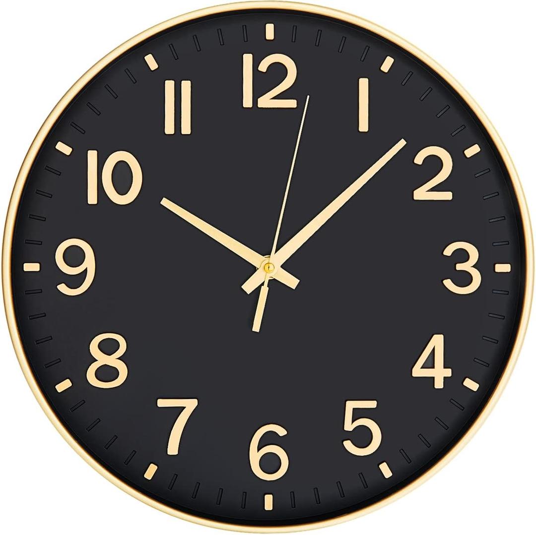 HZDHCLH Black Wall Clocks Battery Operated,12 inch Silent Non Ticking Modern Clock for Wall, 3D Numbers Wall Clock for Kitchen Bedroom Living Room Office Classroom Decor (Black-Gold)