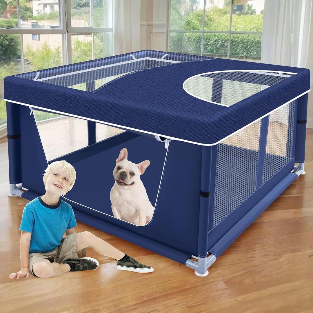 42x42x25.6 Inch Puppy Playpen with Cover, Dog Playpen for Puppies or Small Dogs, Pet Fence for Indoor & Outdoor, Sturdy Safety DogPen with Thickened Fabric, High-Strength Nylon Wire Mesh (Blue)