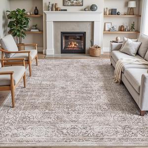 DEXI Area Rugs for Living Room, 8x10 Washable Low Pile Vintage Rug for Bedroom, Non Slip Large Indoor Carpet for Dining Office Nursery, Warm Taupe