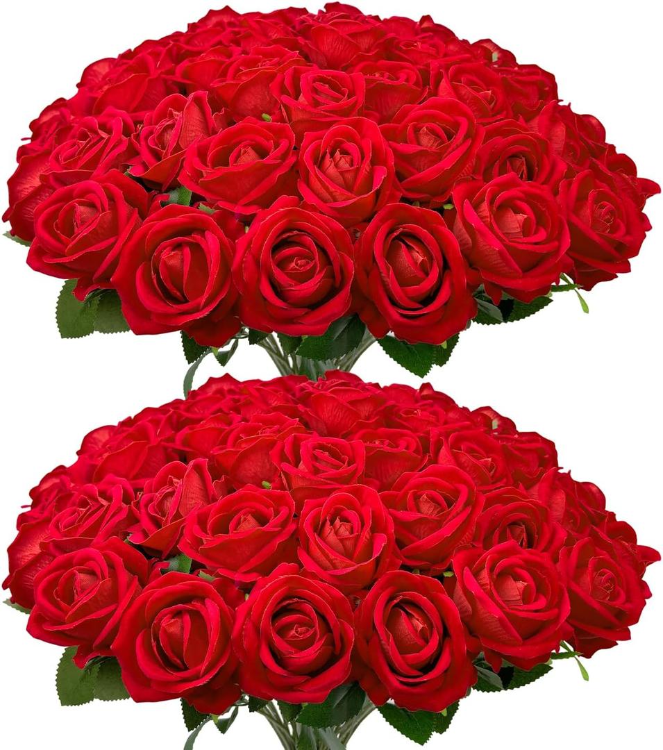 Wondrus Bulk Artificial Flowers 50 PCS, Fake Velvet Silk Red Roses with Long Stems Realistic Bouquet for Wedding Centerpieces, Faux Arrangement for Home Table Decor