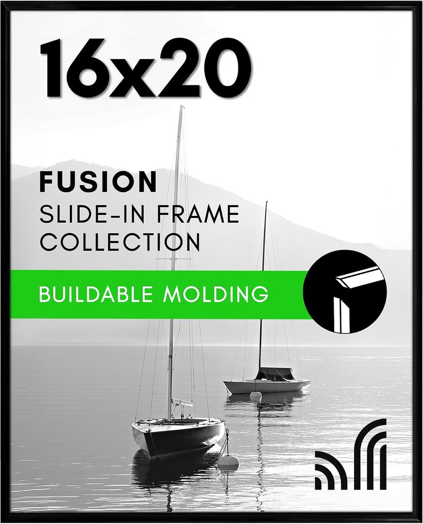 Americanflat 16x20 Picture Frame with Polished Front Cover - Slide-In Photo Frame with Buildable Molding - Fusion Collection - Picture Frames for Wall Display - Black
