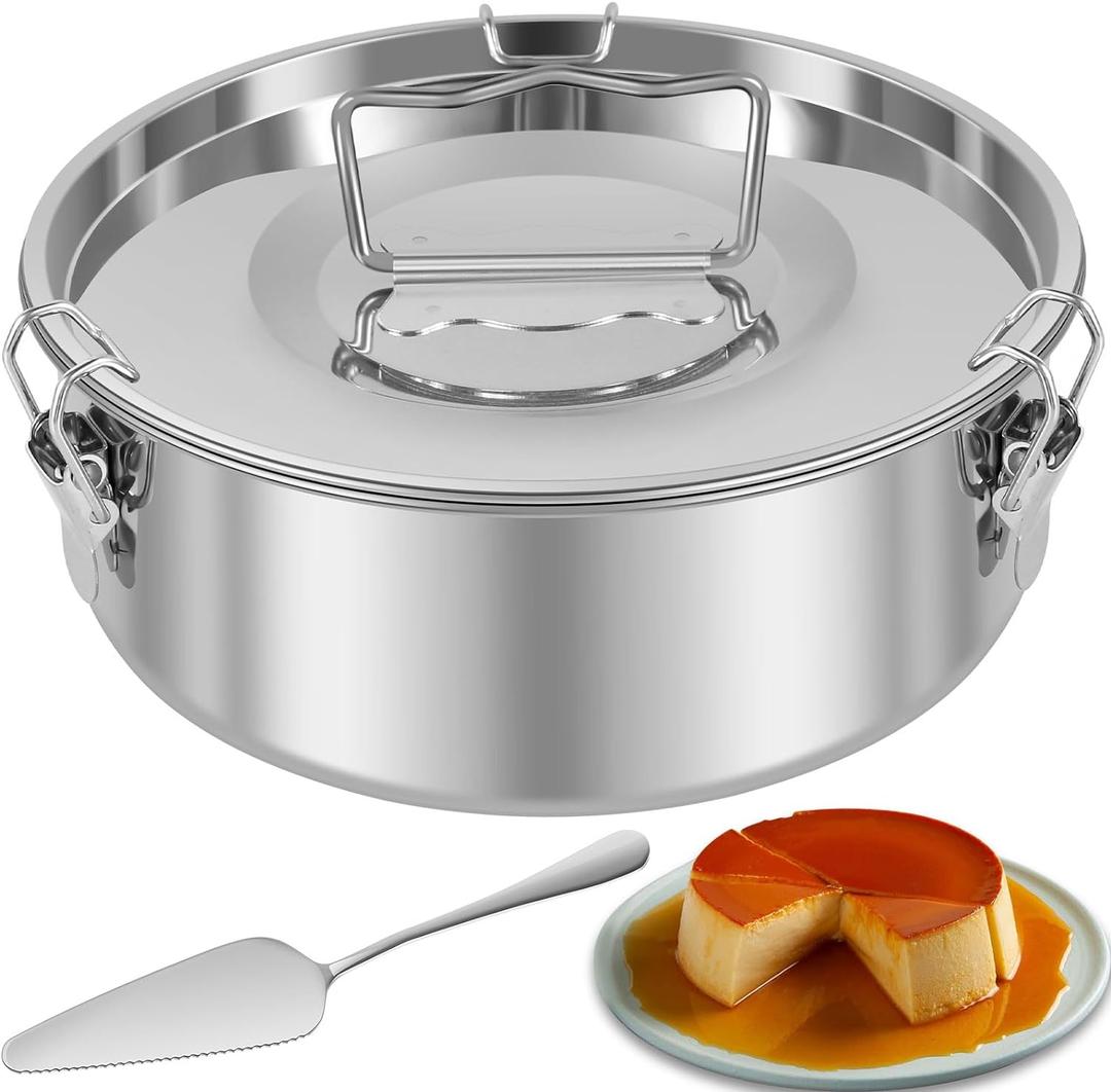 Stainless Steel Flan Mold with Lid and Handle - 1.5QT Capacity Round Baking Pan for Cheesecake, Cupcake, Pudding
