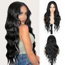 Long Wavy Wig for Women, 26 Inch Synthetic Lace Hairline Black Wigs, Natural-Looking Secure Fit, Soft Heat Resistant Fiber