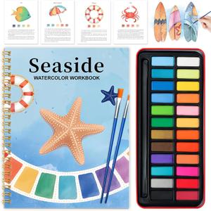 Watercolor Workbook - Coloring Book Beginner Friendly Painting Kit, Watercolor Workbooks for Adults with 24 Colors Paint, Exploration Gift for Adults Teens (Seaside) (1 Ounce (Pack of 1))