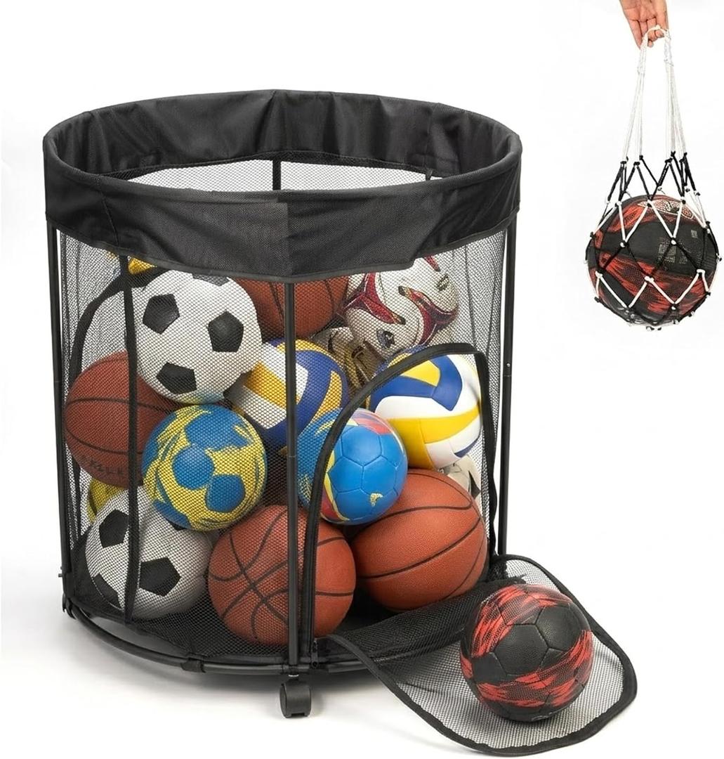 51.36gal Ball Storage Cart with Wheels, 2 Side Opening Ball Basket, Ball Cart for Basketball, Soccer, Baseball, Sports Ball Storage Bin, Ball Organizer for Garage, Playground and Outdoor
